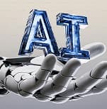 Robotic hand holding AI letters